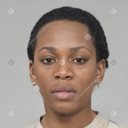 Neutral black young-adult female with short  black hair and brown eyes