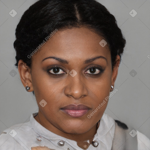Joyful black young-adult female with short  black hair and brown eyes