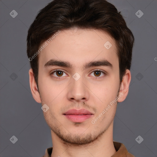 Neutral white young-adult male with short  brown hair and brown eyes