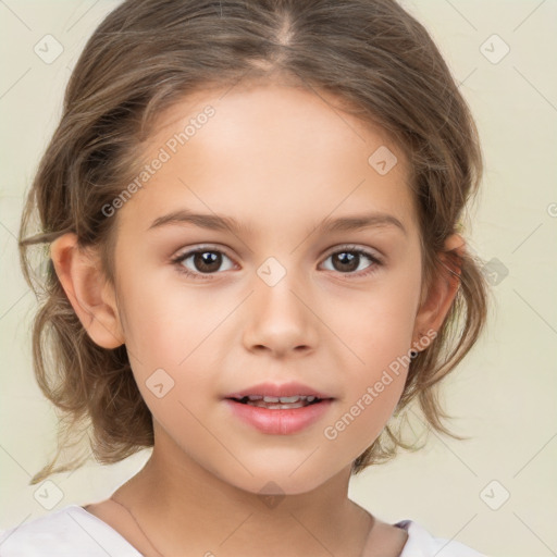 Joyful white child female with medium  brown hair and brown eyes