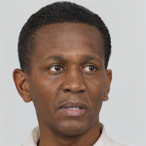 Neutral black adult male with short  brown hair and brown eyes
