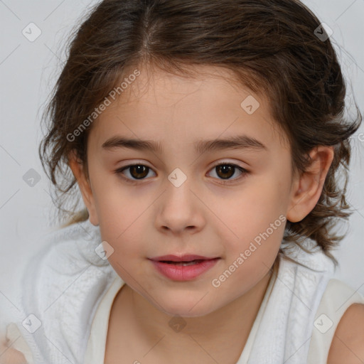 Joyful white child female with medium  brown hair and brown eyes