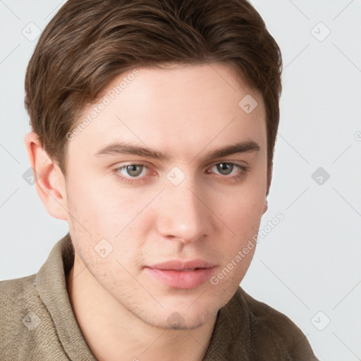 Neutral white young-adult male with short  brown hair and grey eyes