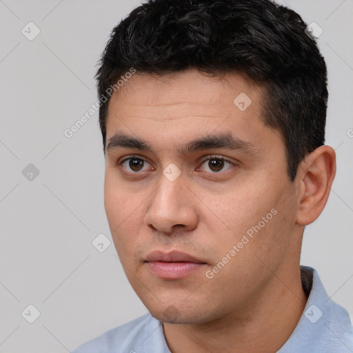 Neutral white young-adult male with short  black hair and brown eyes