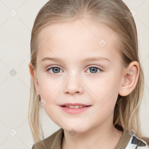 Joyful white child female with medium  brown hair and grey eyes