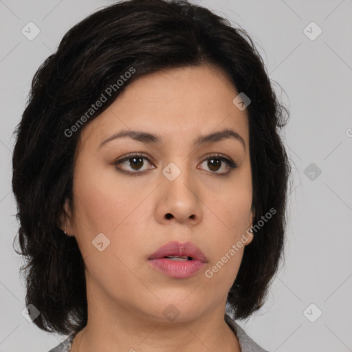 Neutral asian young-adult female with medium  brown hair and brown eyes