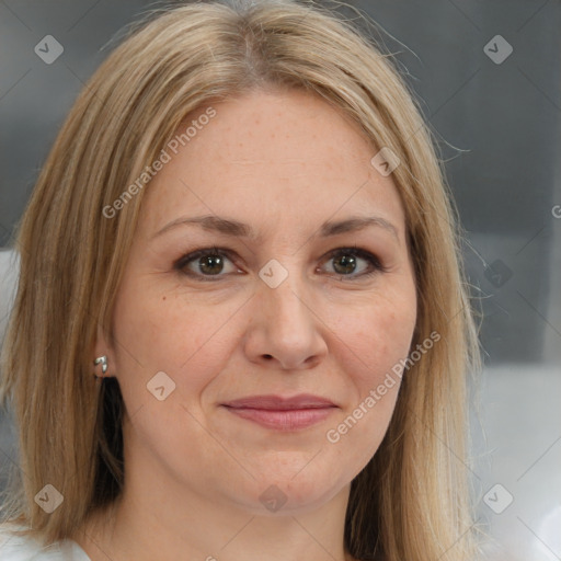 Joyful white young-adult female with medium  brown hair and brown eyes