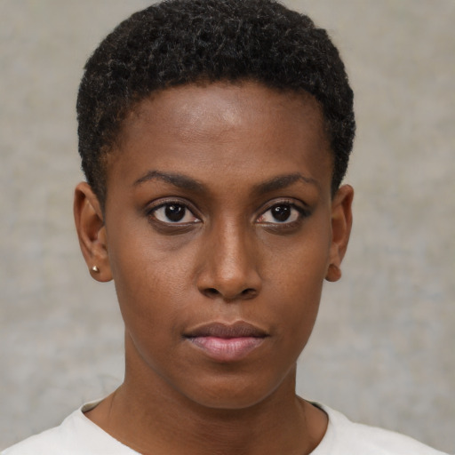 Neutral black young-adult female with short  brown hair and brown eyes