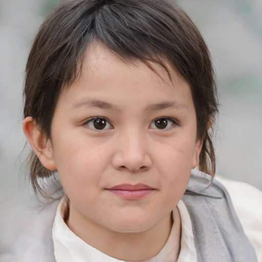 Joyful white child female with medium  brown hair and brown eyes