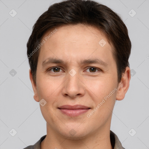 Joyful white young-adult male with short  brown hair and brown eyes