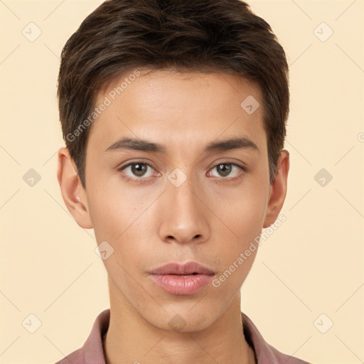 Neutral white young-adult male with short  brown hair and brown eyes