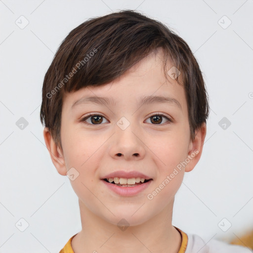 Joyful white child female with short  brown hair and brown eyes