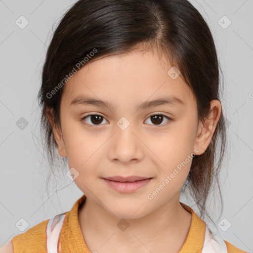 Joyful white child female with medium  brown hair and brown eyes