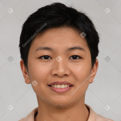 Joyful asian young-adult female with short  brown hair and brown eyes