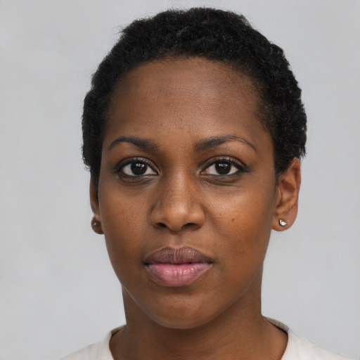 Neutral black young-adult female with short  black hair and brown eyes