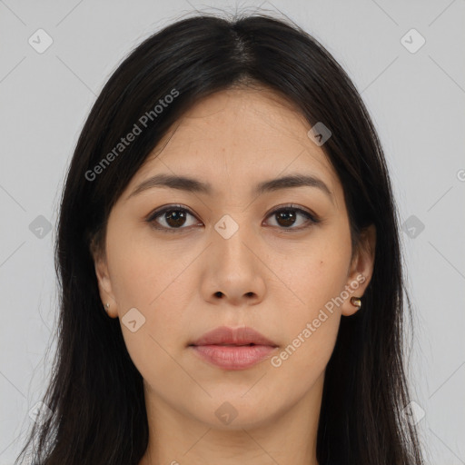 Neutral asian young-adult female with long  brown hair and brown eyes