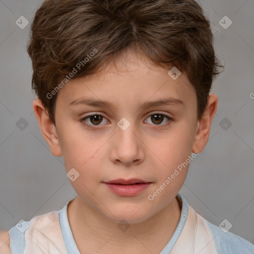 Joyful white child male with short  brown hair and brown eyes