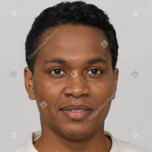 Joyful black young-adult male with short  black hair and brown eyes