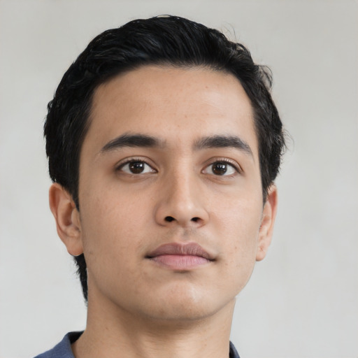 Neutral asian young-adult male with short  black hair and brown eyes