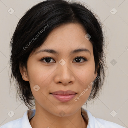 Joyful asian young-adult female with medium  black hair and brown eyes