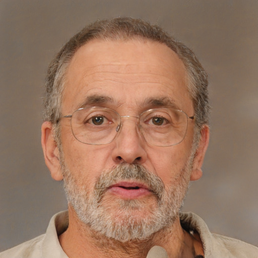 Neutral white middle-aged male with short  gray hair and brown eyes