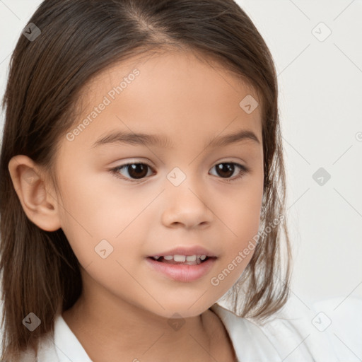 Joyful white child female with medium  brown hair and brown eyes