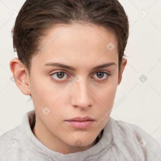 Neutral white young-adult female with short  brown hair and brown eyes