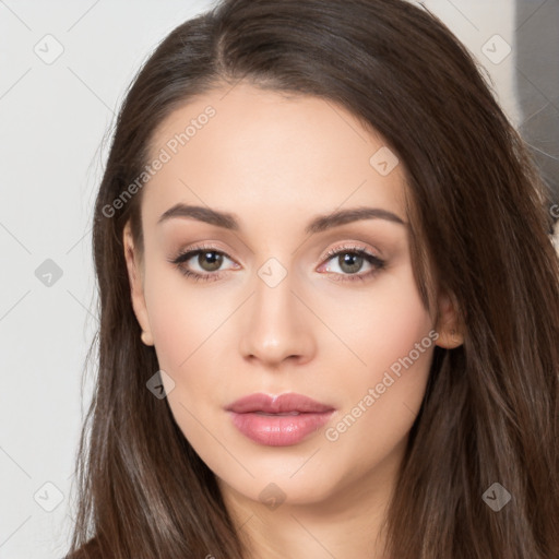 Neutral white young-adult female with long  brown hair and brown eyes