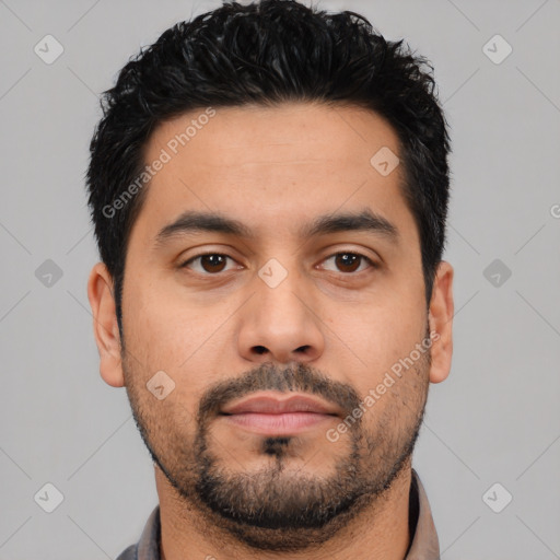 Neutral latino young-adult male with short  black hair and brown eyes