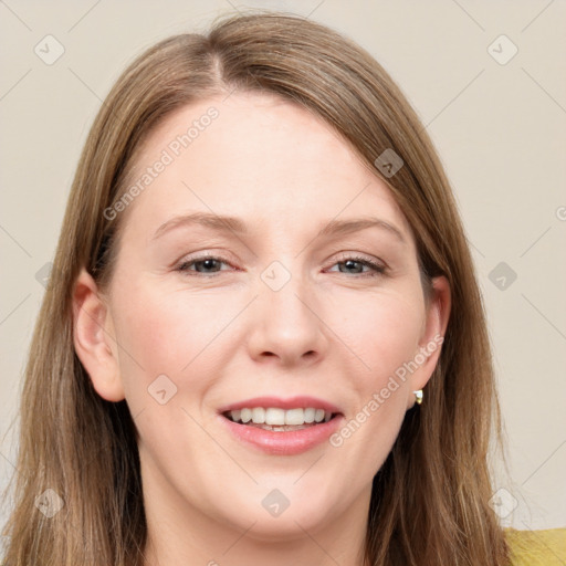 Joyful white young-adult female with long  brown hair and grey eyes