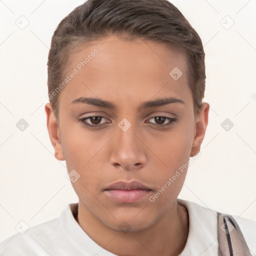 Neutral white young-adult female with short  brown hair and brown eyes