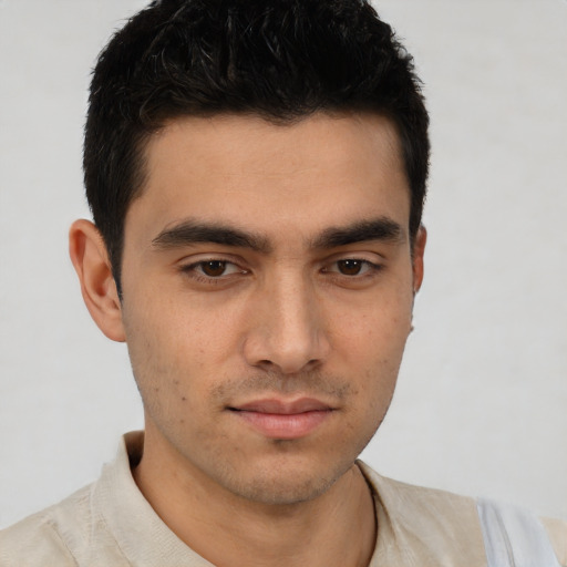 Neutral asian young-adult male with short  brown hair and brown eyes