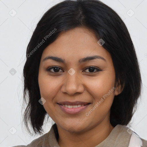 Joyful latino young-adult female with medium  black hair and brown eyes