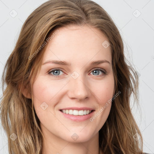 Joyful white young-adult female with long  brown hair and green eyes