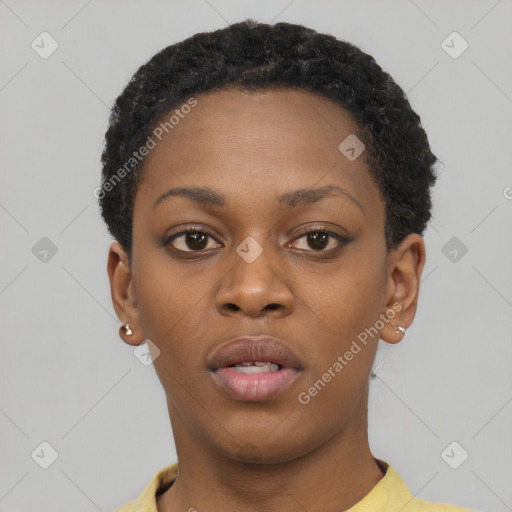 Neutral black young-adult female with short  brown hair and brown eyes