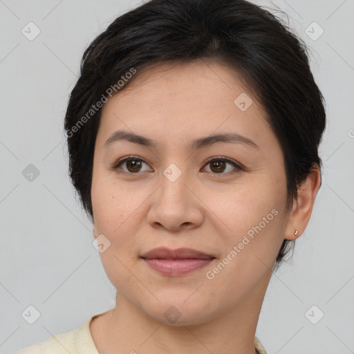 Joyful white young-adult female with short  brown hair and brown eyes