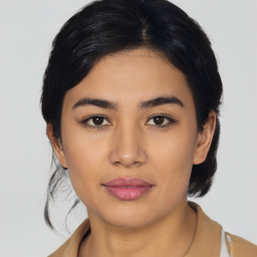 Neutral latino young-adult female with medium  black hair and brown eyes