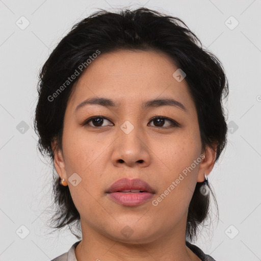 Neutral asian young-adult female with medium  black hair and brown eyes