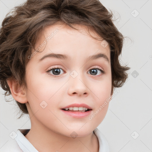 Joyful white child female with medium  brown hair and brown eyes