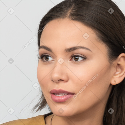 Neutral white young-adult female with long  brown hair and brown eyes