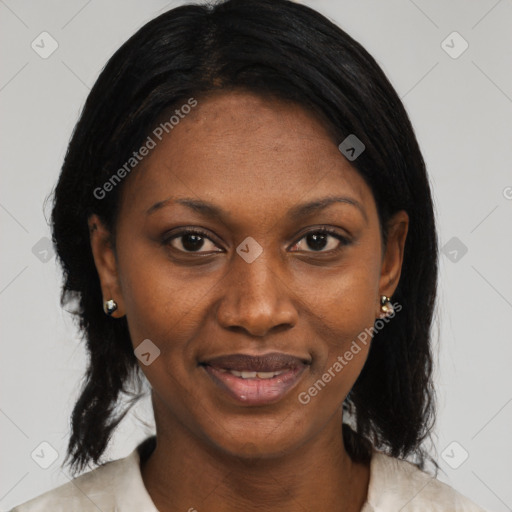 Joyful black young-adult female with medium  black hair and brown eyes