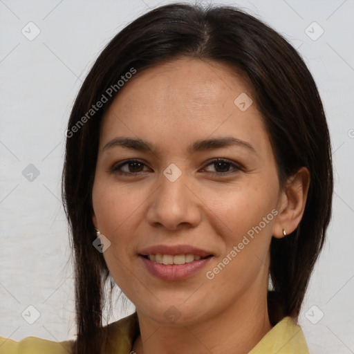 Joyful white young-adult female with medium  brown hair and brown eyes