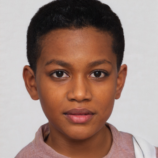Joyful black child female with short  brown hair and brown eyes