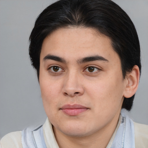 Joyful white young-adult male with medium  brown hair and brown eyes