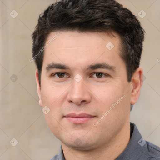 Neutral white young-adult male with short  black hair and brown eyes