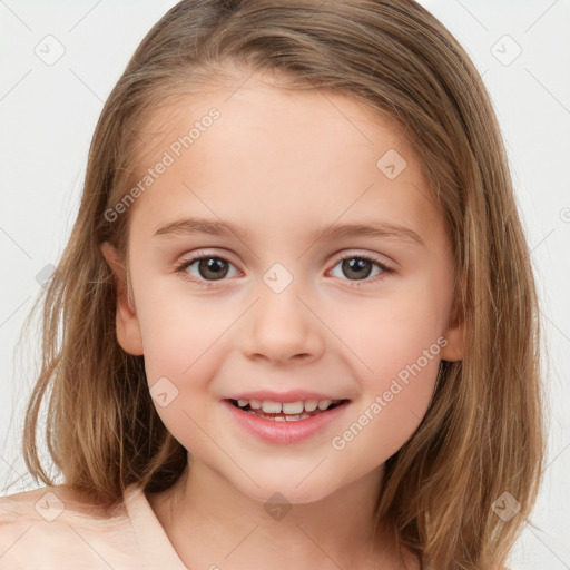 Joyful white child female with medium  brown hair and brown eyes