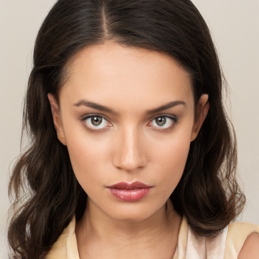 Neutral white young-adult female with medium  brown hair and brown eyes