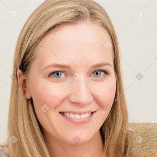 Joyful white young-adult female with long  brown hair and blue eyes