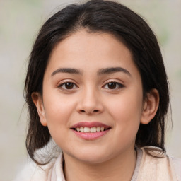 Joyful white child female with medium  brown hair and brown eyes