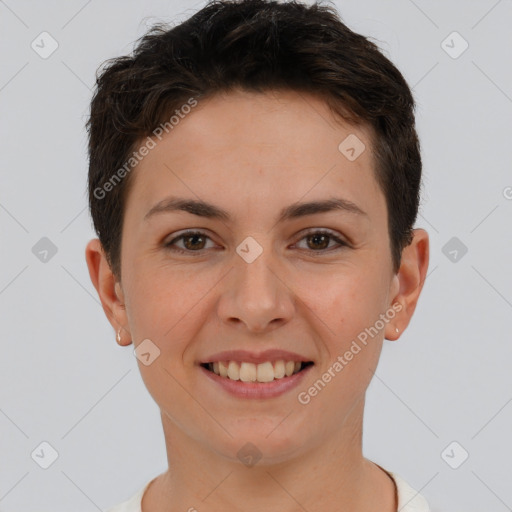 Joyful white young-adult female with short  brown hair and brown eyes